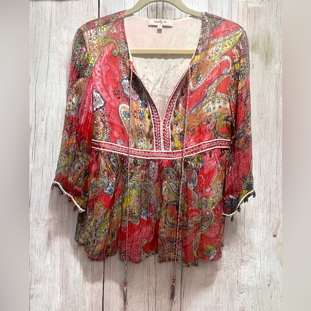 Derhy By Rene Derhy Ladies Short Sleeve Top Colourful Artsy Boho Peasant Blouse